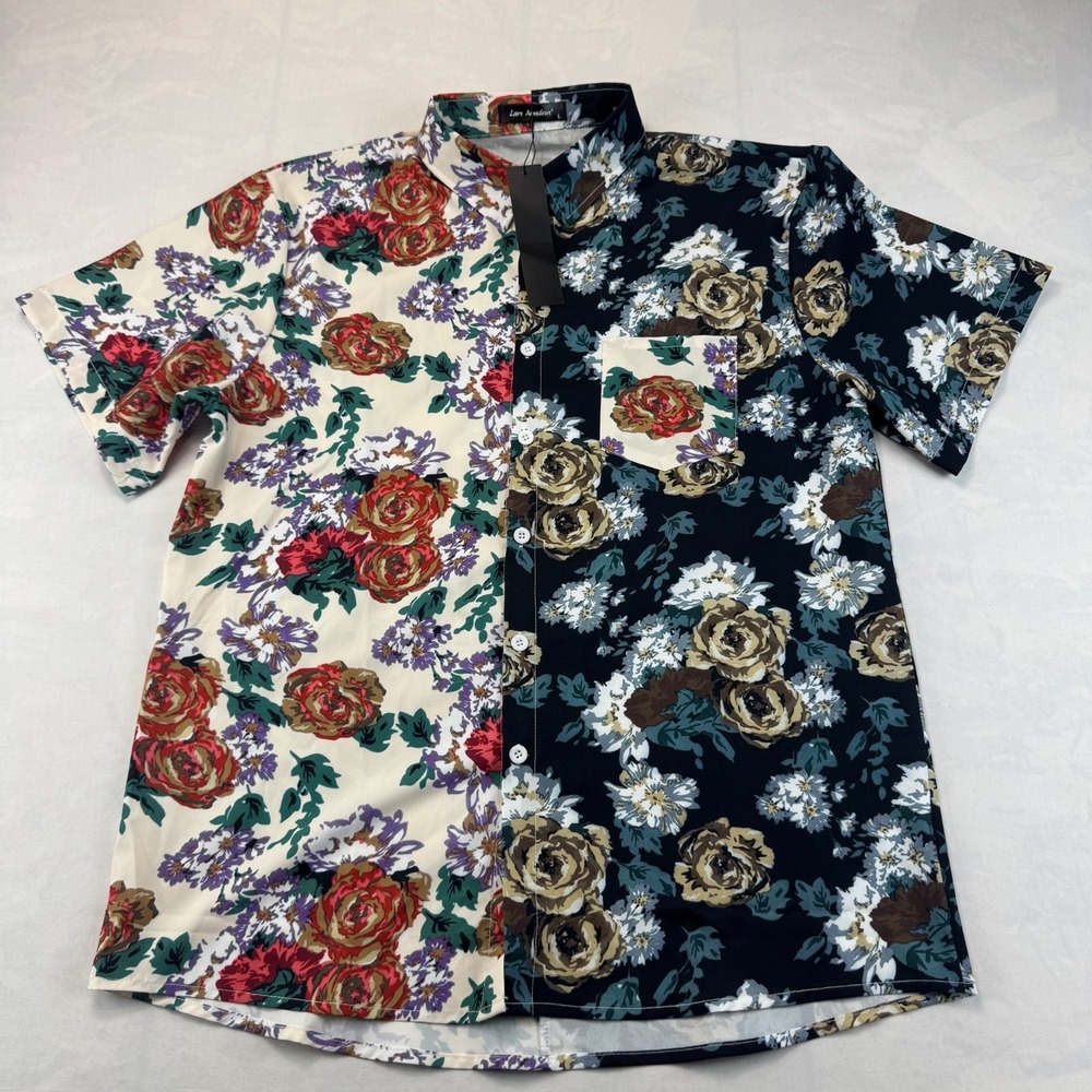 Lars Amadeus Hawaiian Patchwork Shirt Mens Large Multi Floral Collared Button-Up